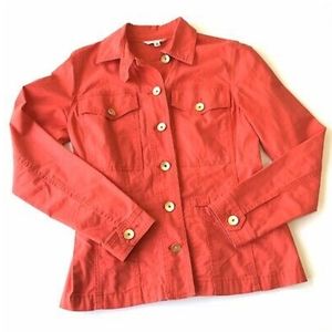 CAbi Taylor Ruffle Button Down Bright Coral Jacket